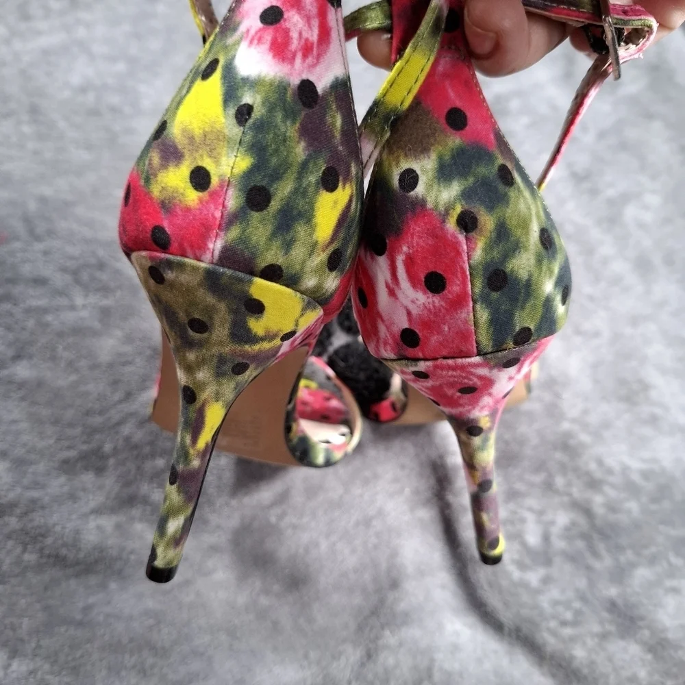 Betsey Johnson floral print heels black pom poms pink black green size 7B